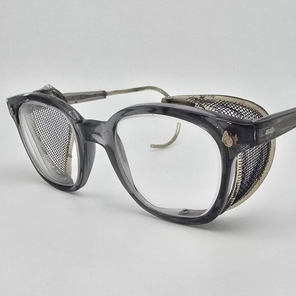 American Optical AO Grey Frame Clear Glass Lens Horn Rimmed Safety Glasses 1950s